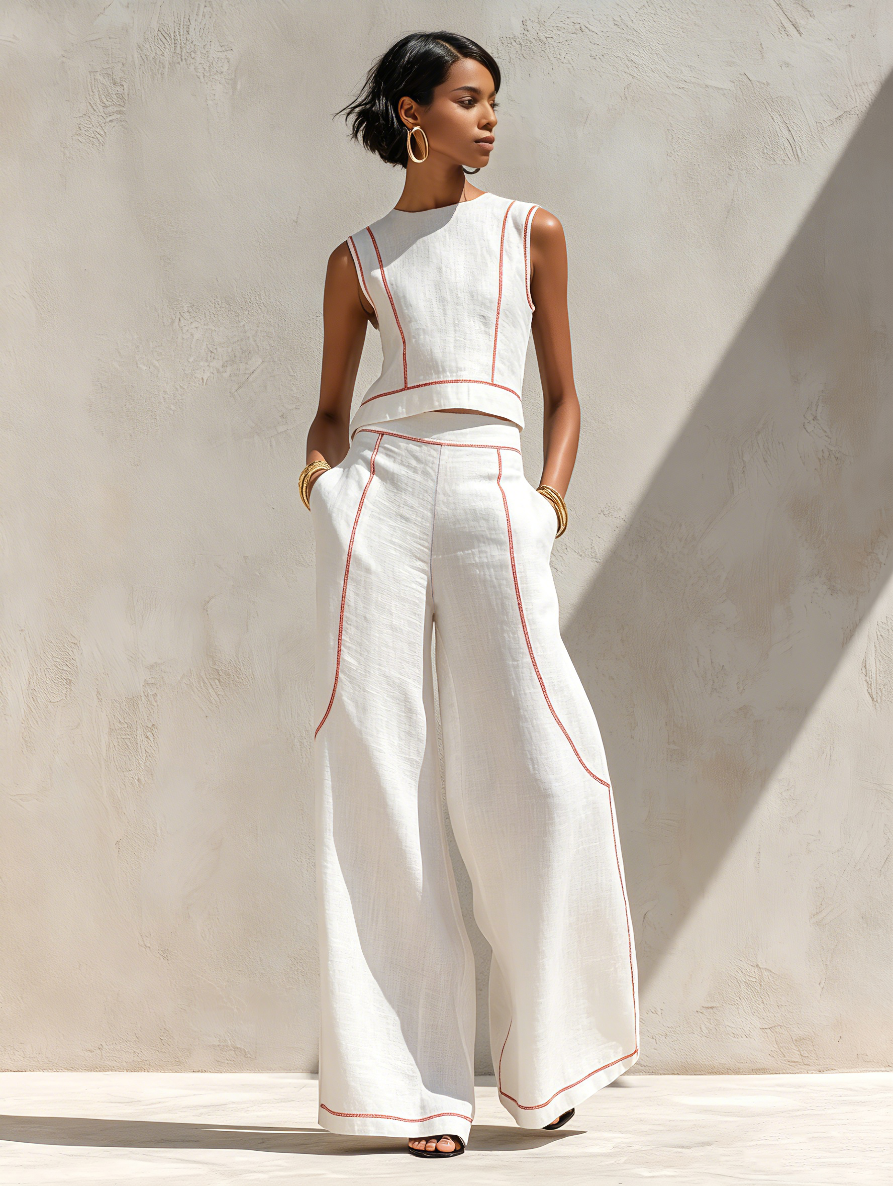 Linen-Blend Contrast-Stitched Pants Set