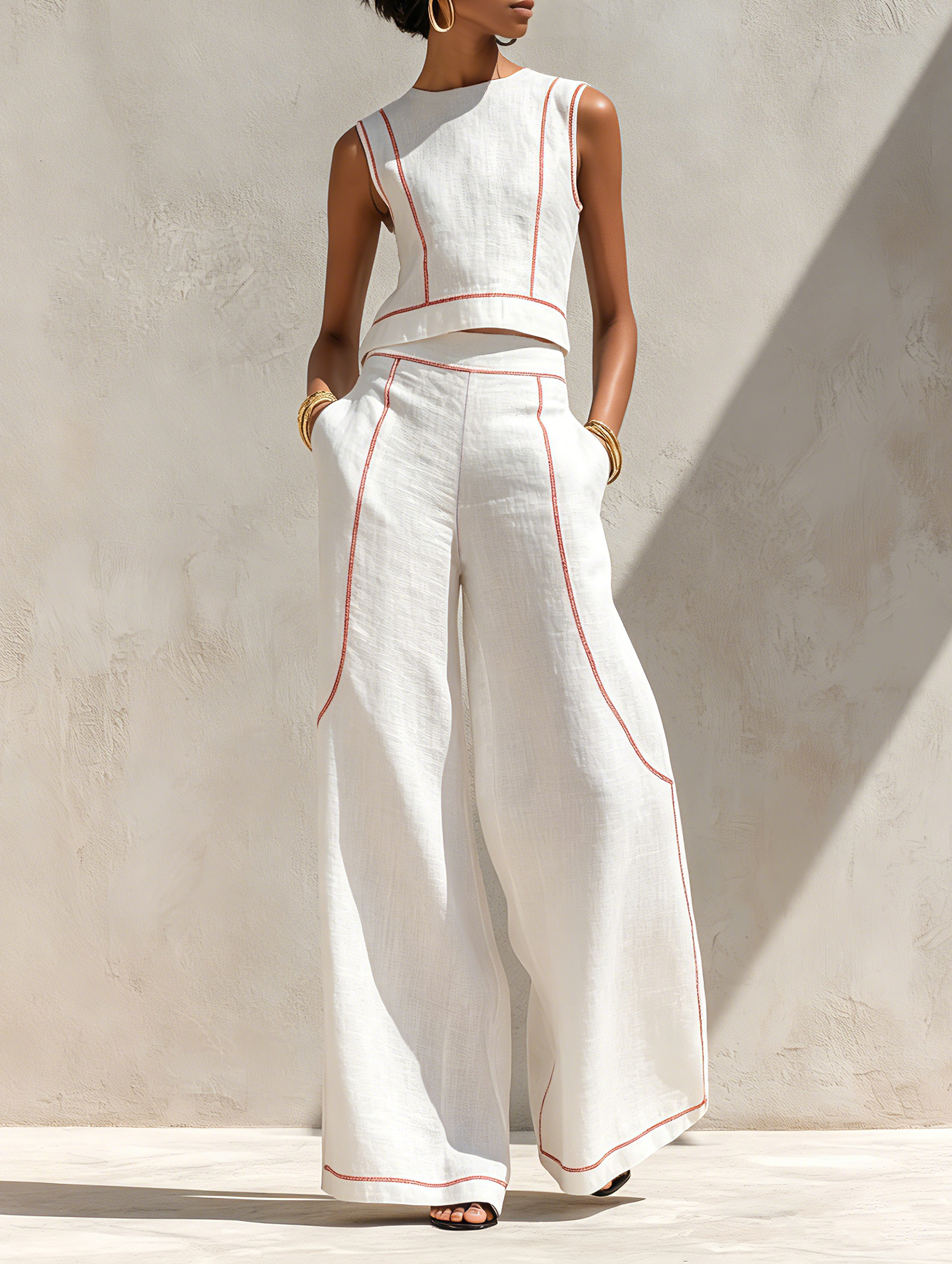 Linen-Blend Contrast-Stitched Pants Set