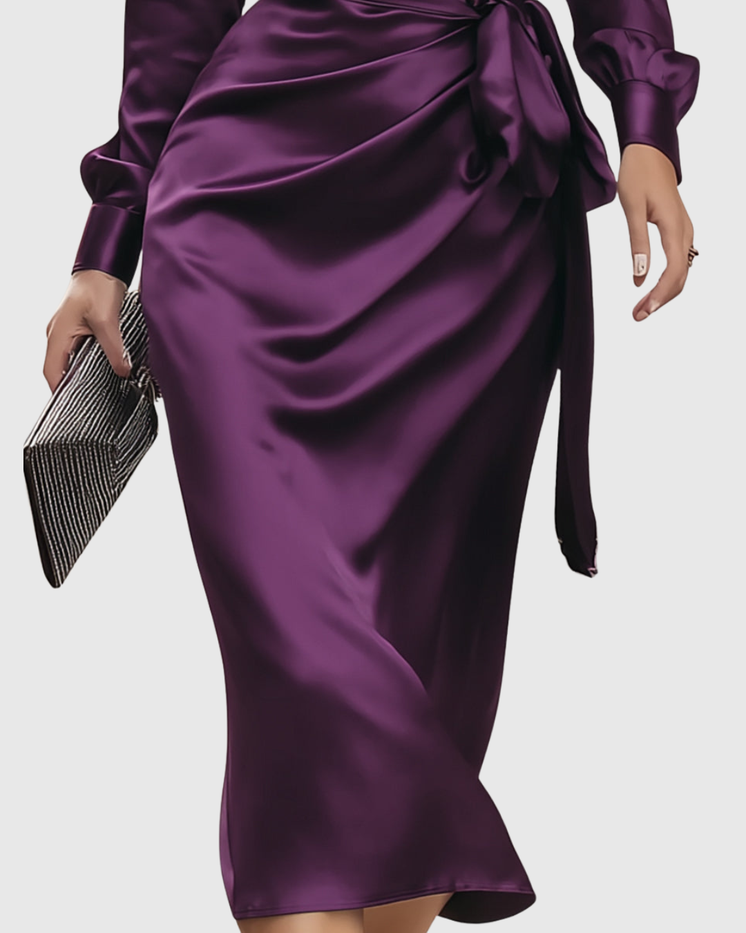 Cerelia - Deep Plum Satin Wrap Midi Dress