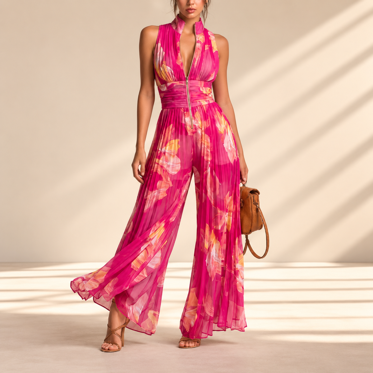 Serafina Jumpsuit | Fuchsia Floral Pleated Chiffon
