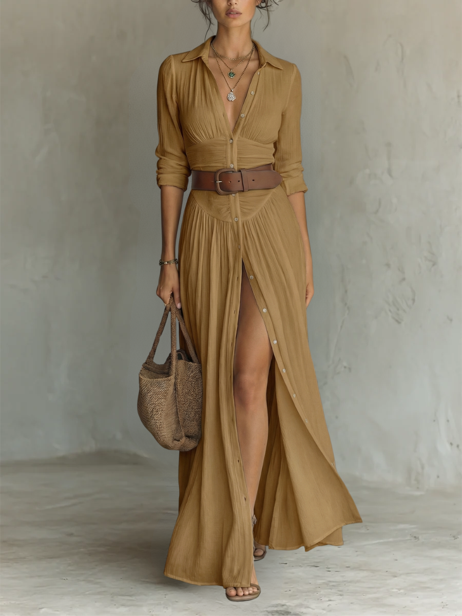 Pamela - Long Maxi Dress with Notched Collar and Long Sleeves