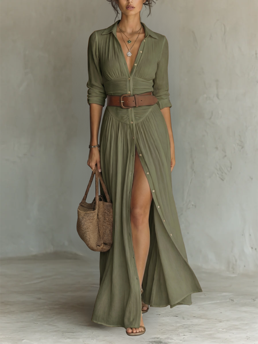 Pamela - Long Maxi Dress with Notched Collar and Long Sleeves