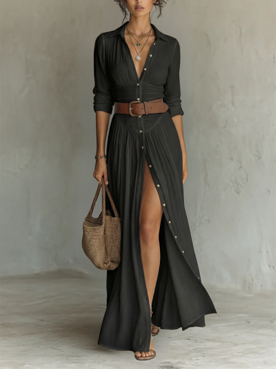 Pamela - Long Maxi Dress with Notched Collar and Long Sleeves