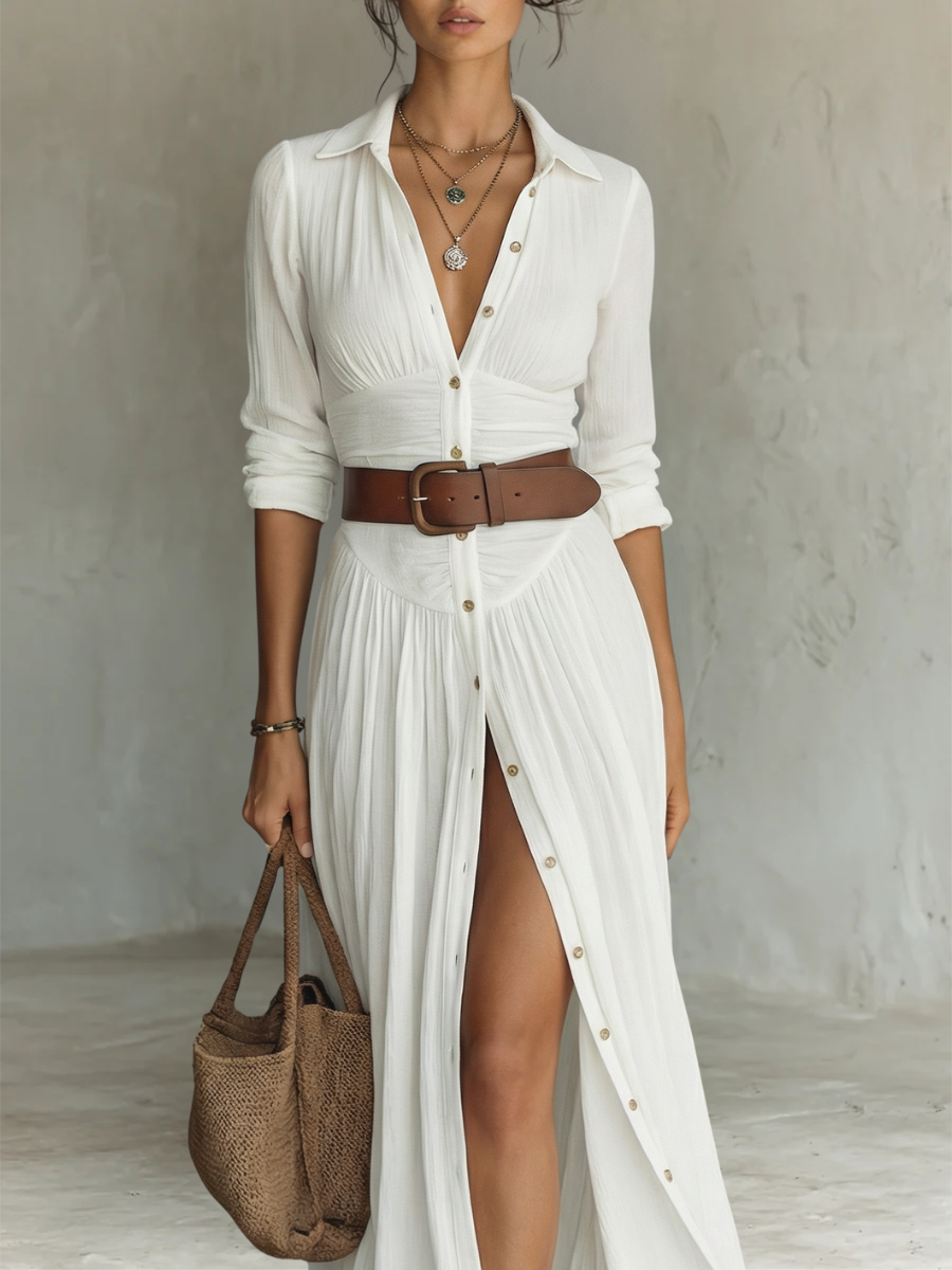 Pamela - Long Maxi Dress with Notched Collar and Long Sleeves