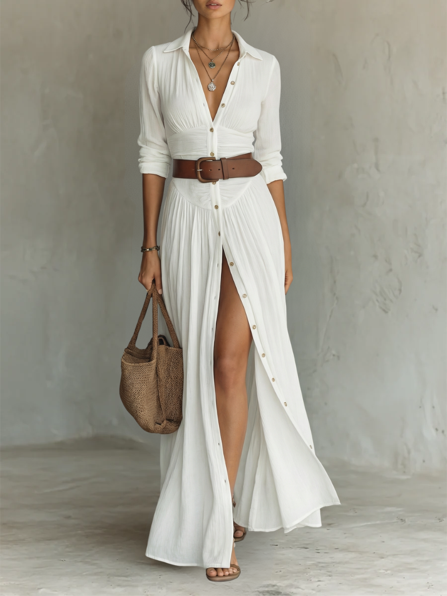 Pamela - Long Maxi Dress with Notched Collar and Long Sleeves