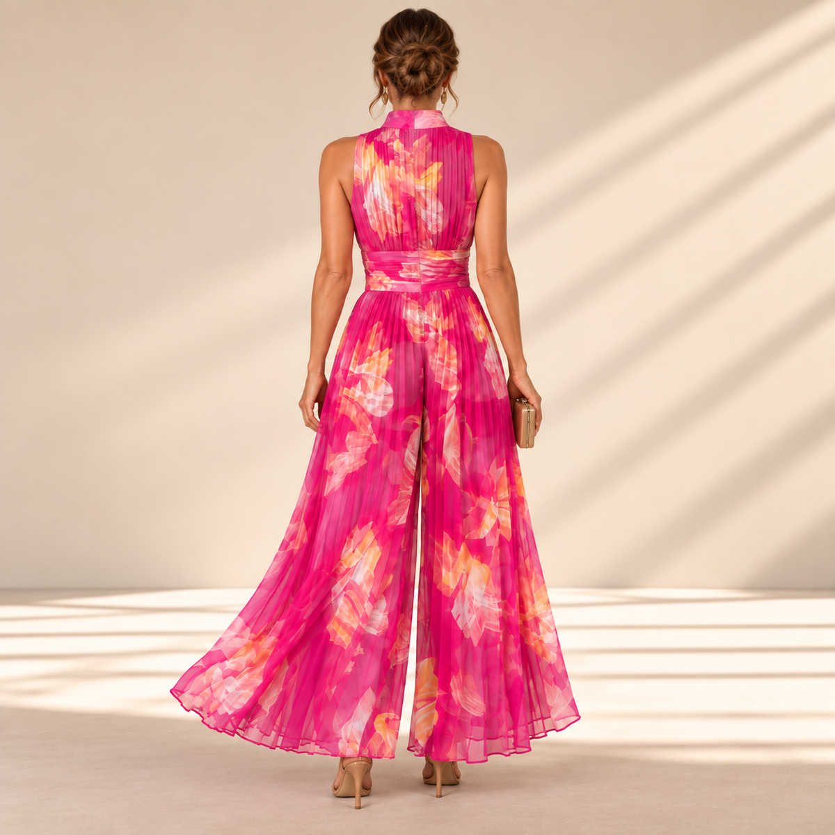 Serafina Jumpsuit | Fuchsia Floral Pleated Chiffon