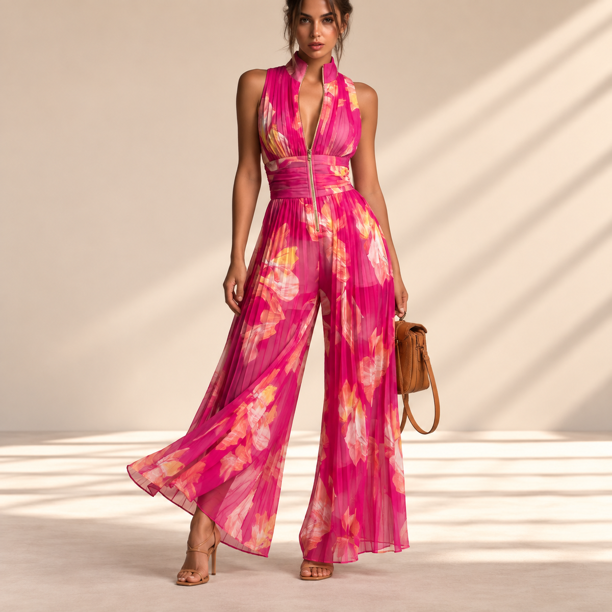 Serafina Jumpsuit | Fuchsia Floral Pleated Chiffon